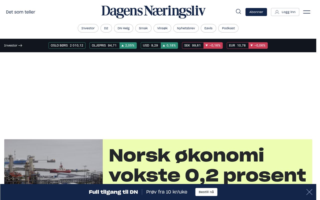 Homepage screenshot of dn.no