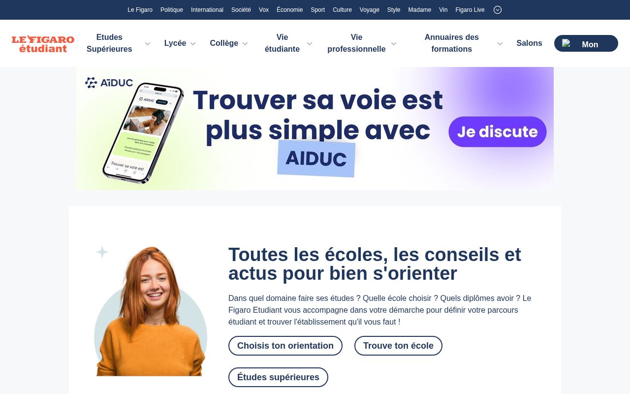 Homepage screenshot of etudiant.lefigaro.fr