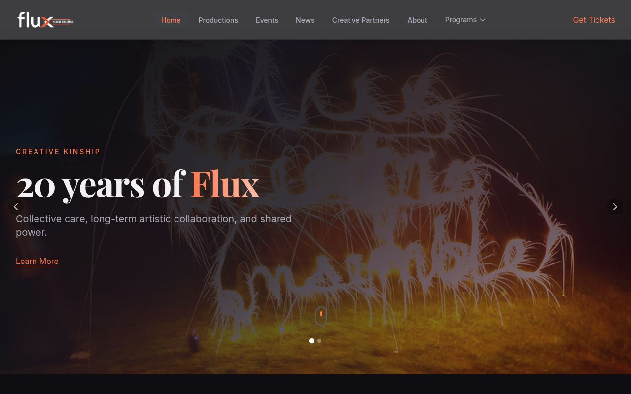 Homepage screenshot of fluxtheatre.org
