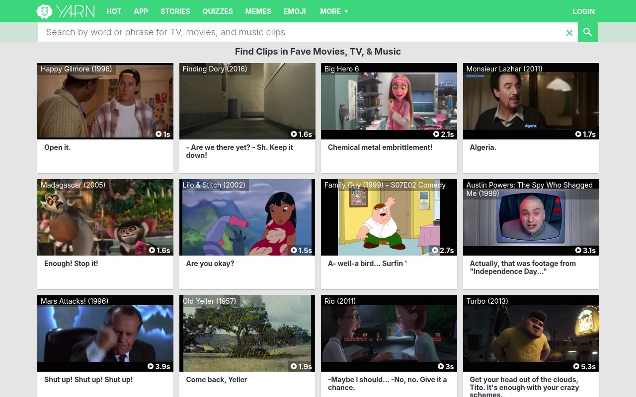Homepage screenshot of getyarn.io