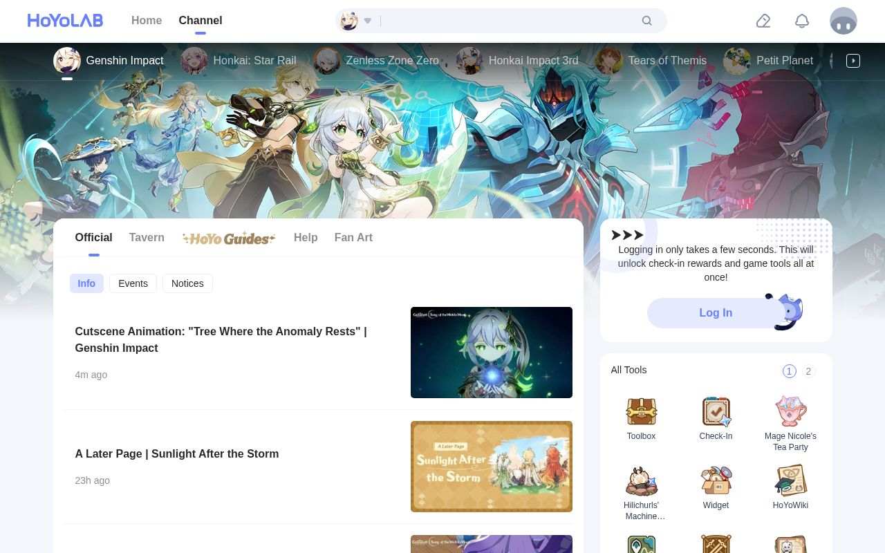 Homepage screenshot of hoyolab.com
