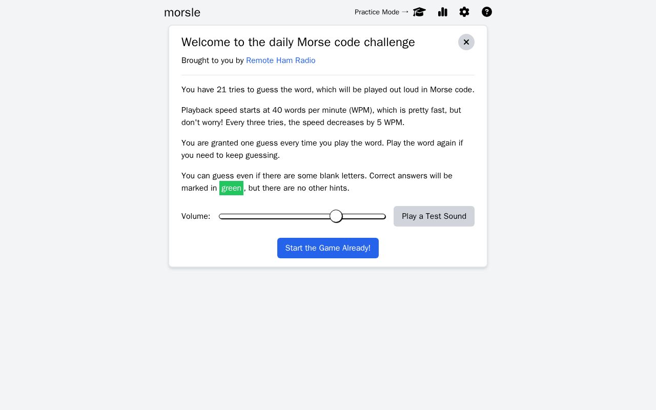 Homepage screenshot of morsle.fun