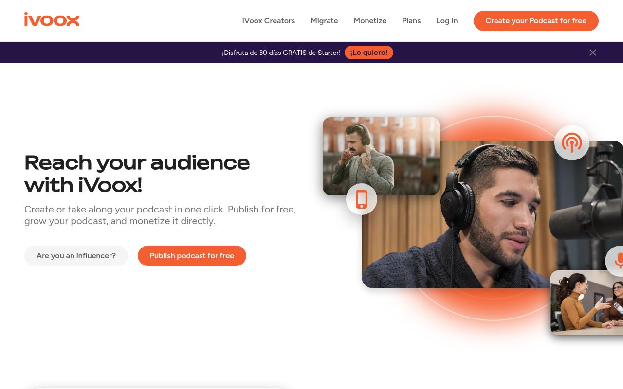 Homepage screenshot of podcasters.ivoox.com