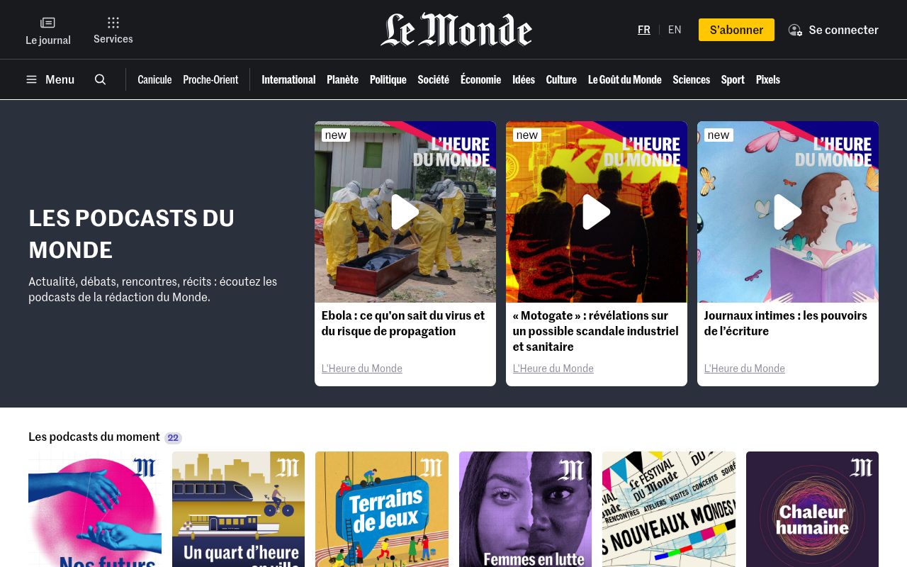 Homepage screenshot of podcasts.lemonde.fr