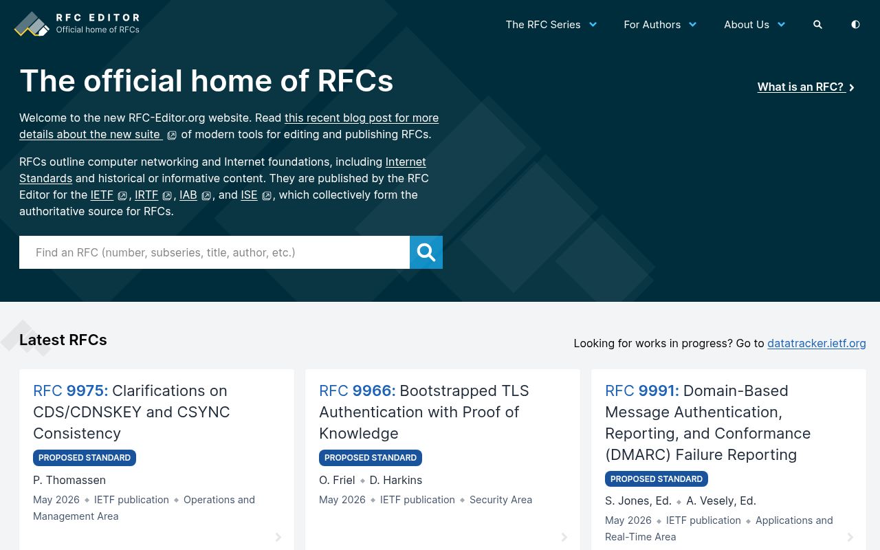 Homepage screenshot of rfc-editor.org