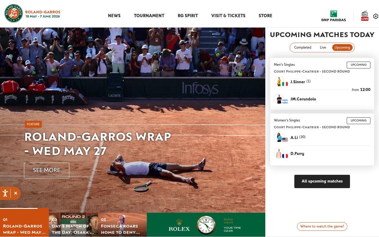 Homepage screenshot of rolandgarros.com