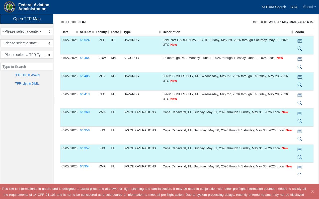 Homepage screenshot of tfr.faa.gov