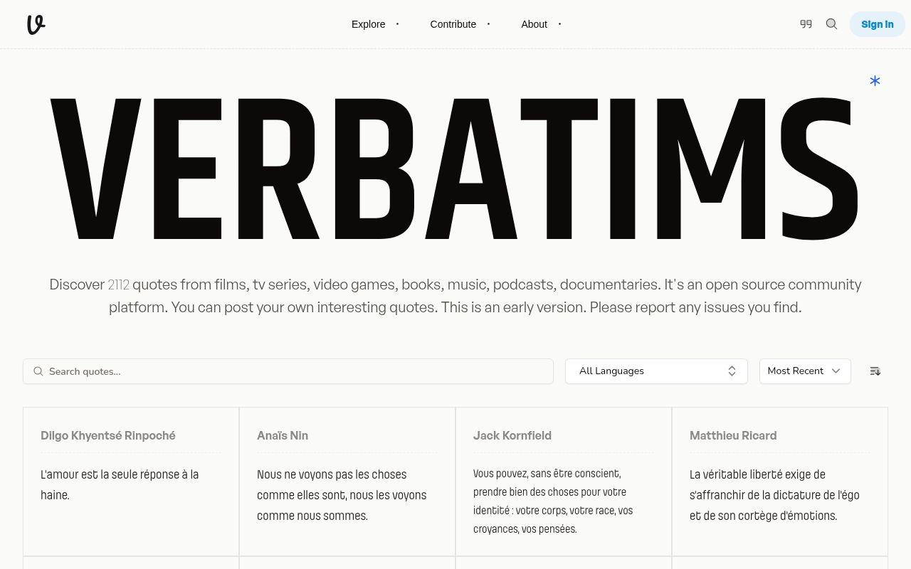 Homepage screenshot of verbatims.cc