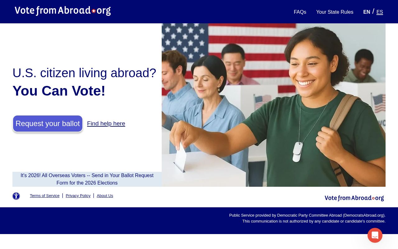 Homepage screenshot of votefromabroad.org